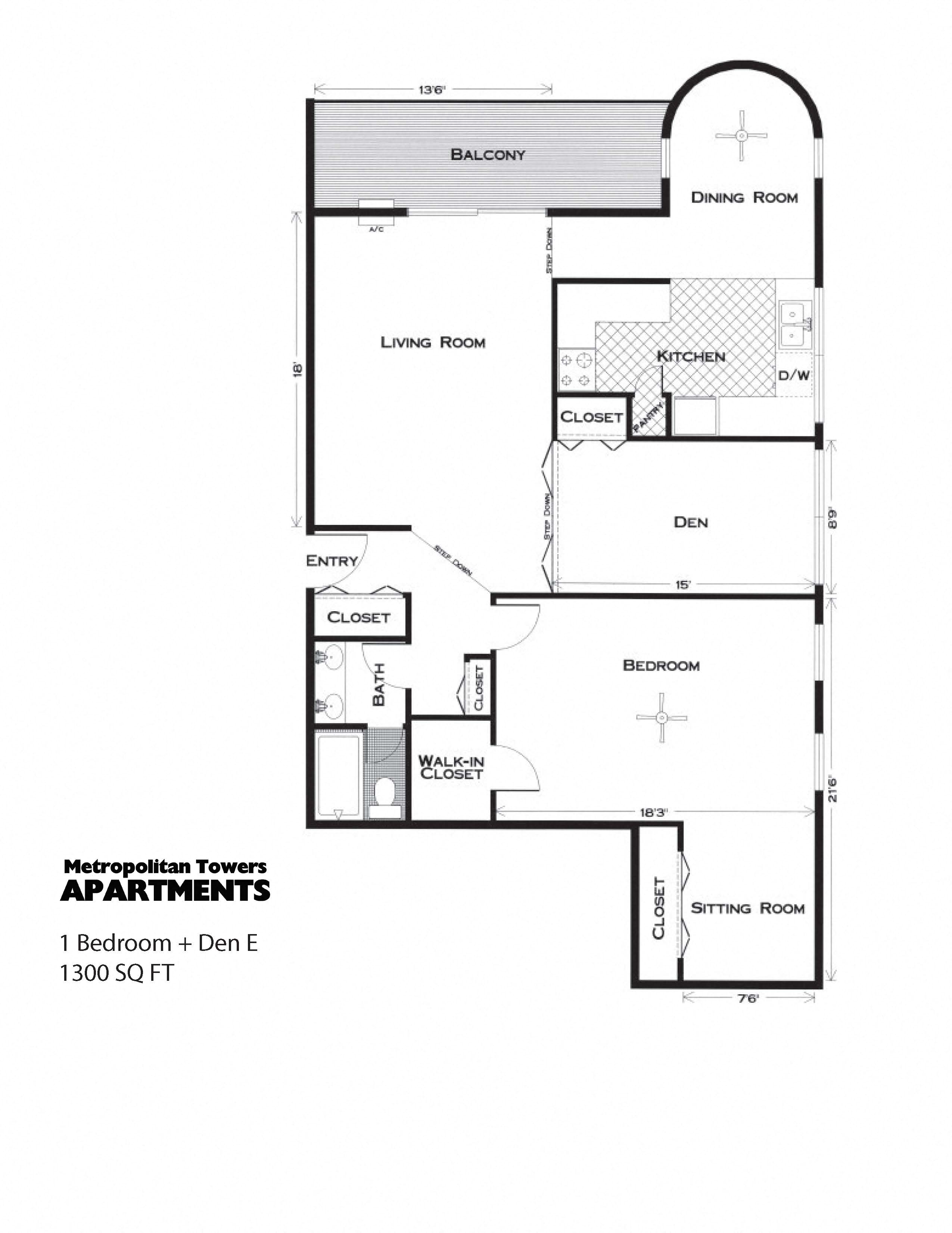 Floor plan for 1 bed, 1 bath, 1300 sqft