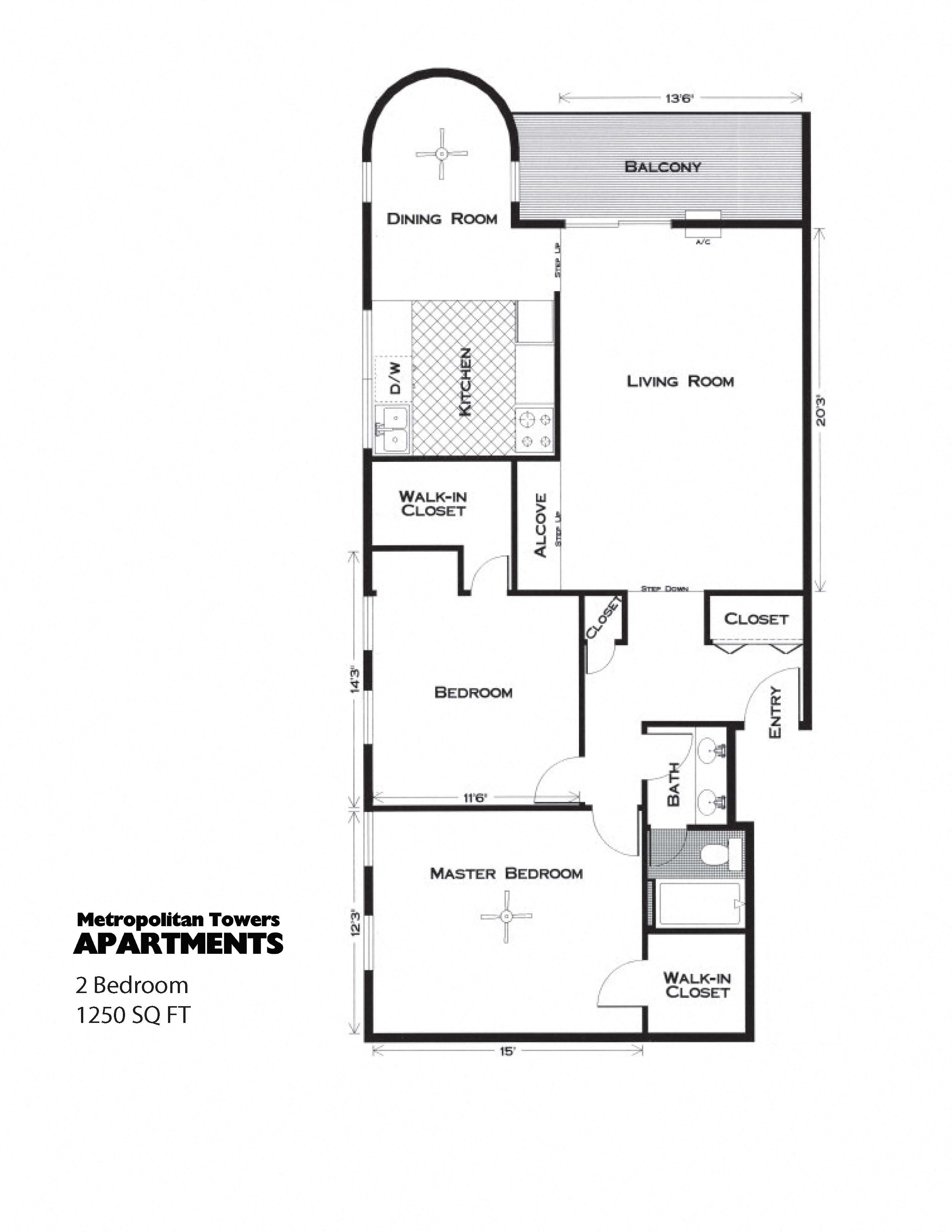 Floor plan for 2 beds, 1 bath, 1250 sqft