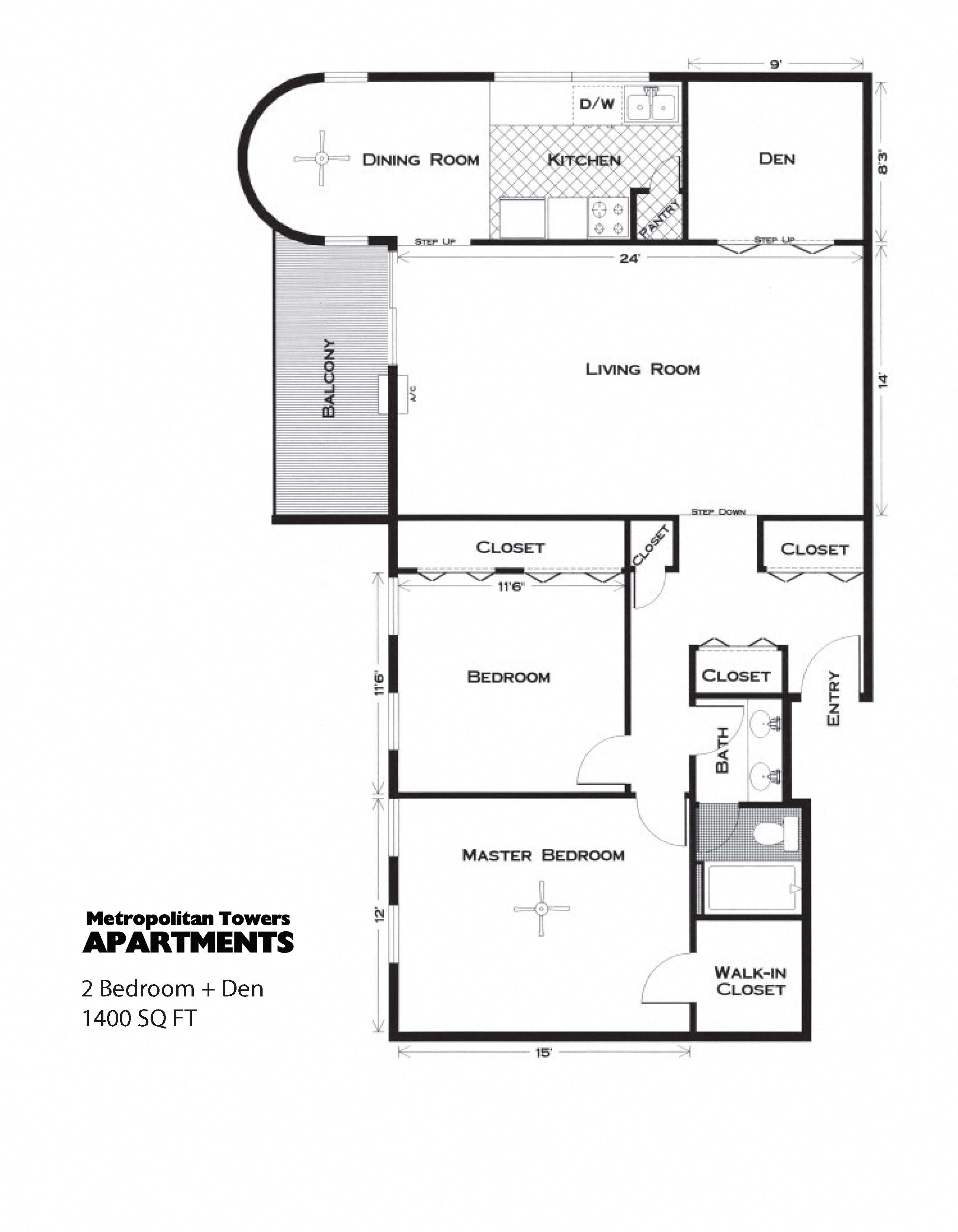 Floor plan for 2 beds, 1 bath, 1400 sqft