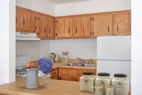 Bloomington apartment for rent - a kitchen with wooden cabinets and a counter with mugs on it