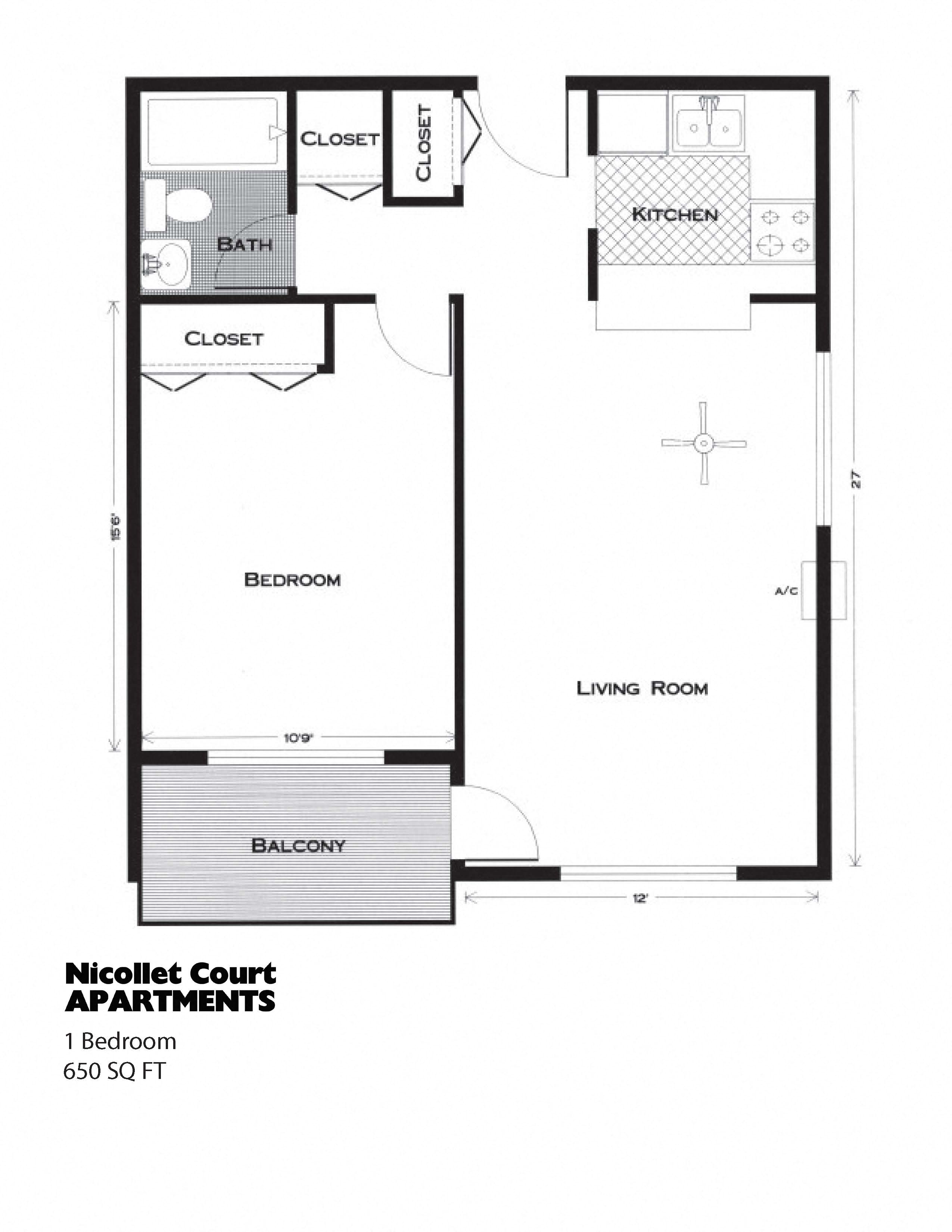 Floor plan for 1 bed, 1 bath, 650 sqft