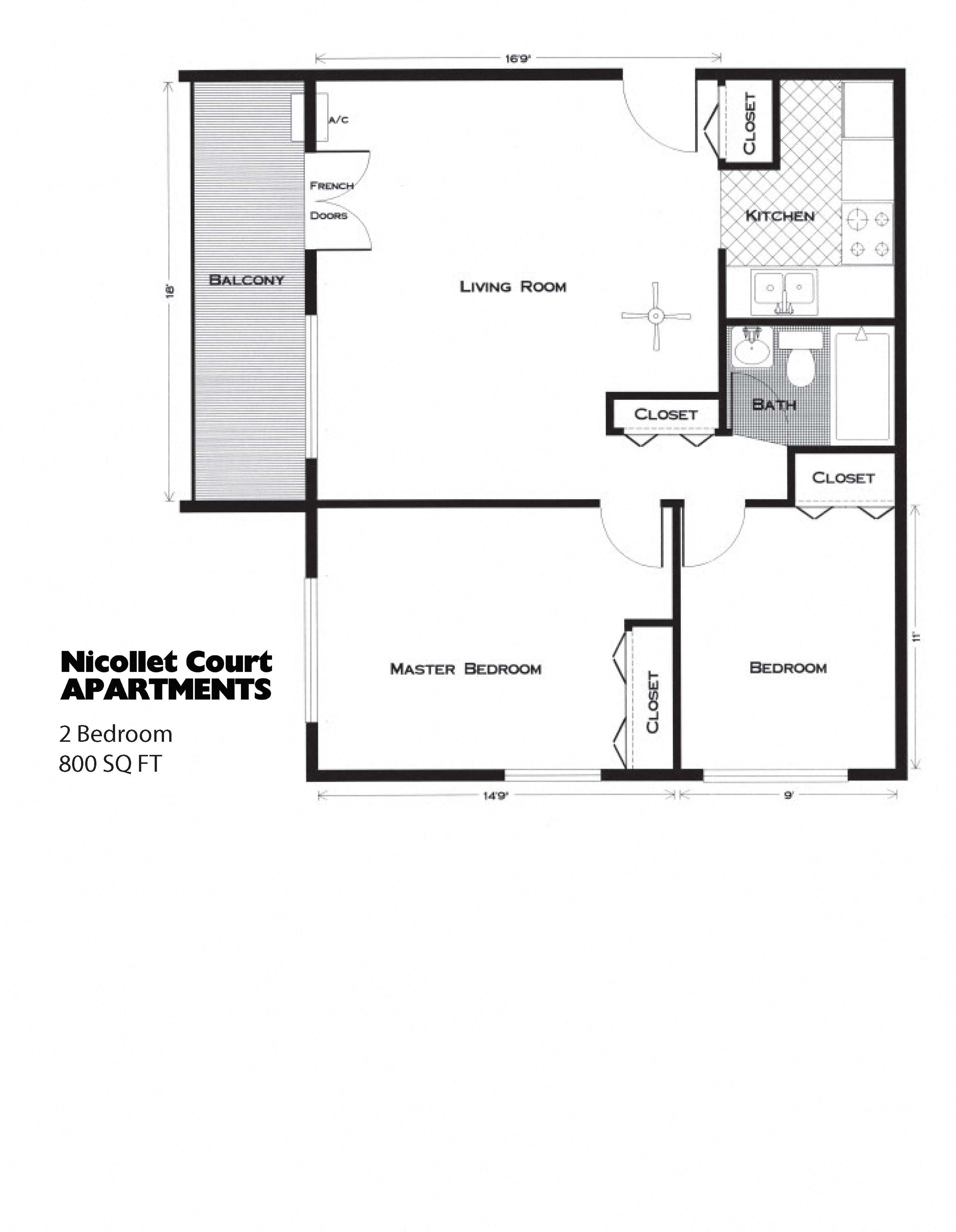 Floor plan for 2 beds, 1 bath, 800 sqft