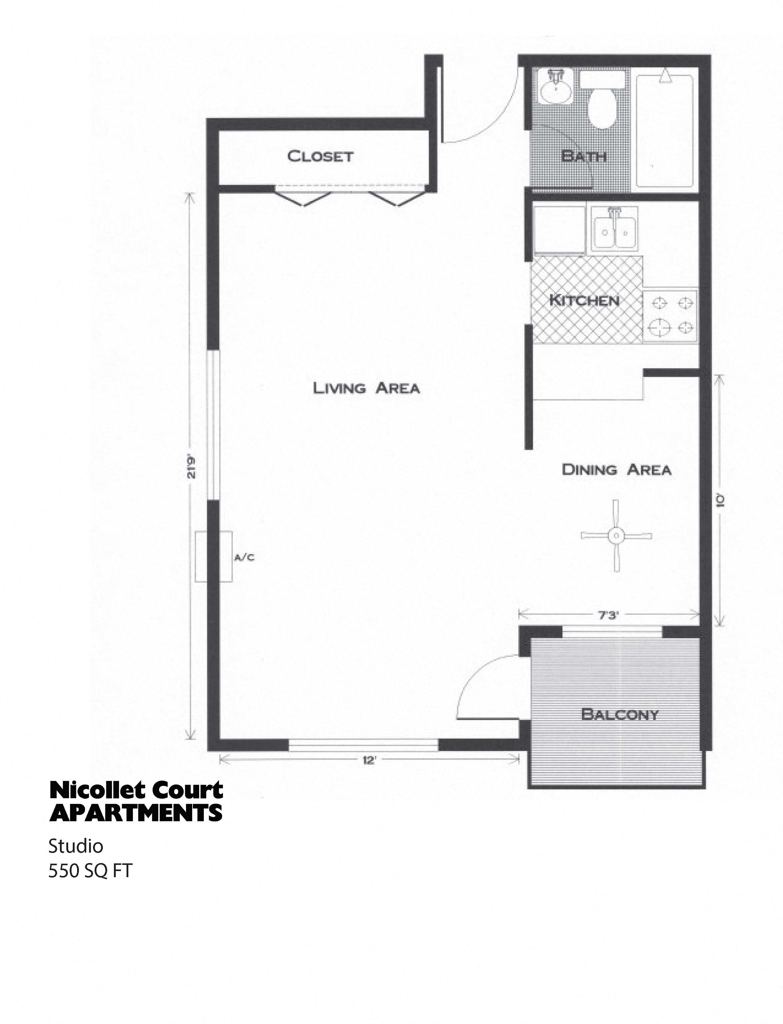 Floor plan for studio, 1 bath, 550 sqft