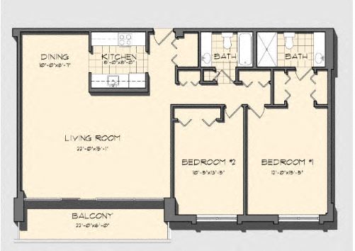 Floor plan for 2 beds, 2 baths, 1194 sqft