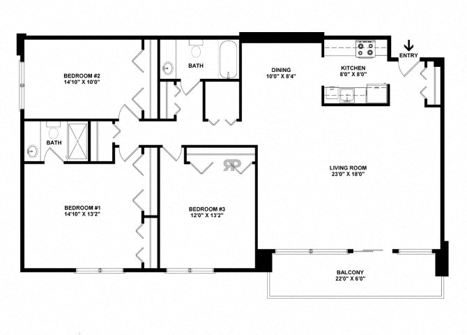 Floor plan for 3 beds, 2 baths, 1542 sqft