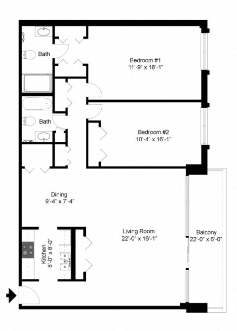Floor plan for 2 beds, 2 baths, 1327 sqft