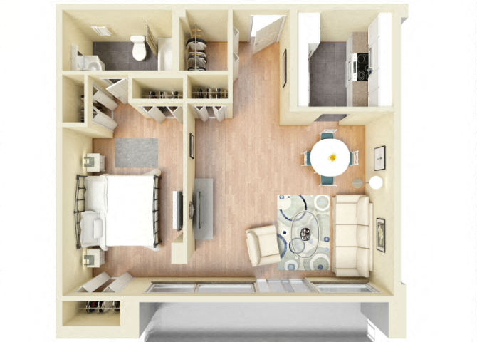 Floor plan for studio, 1 bath, 600 sqft