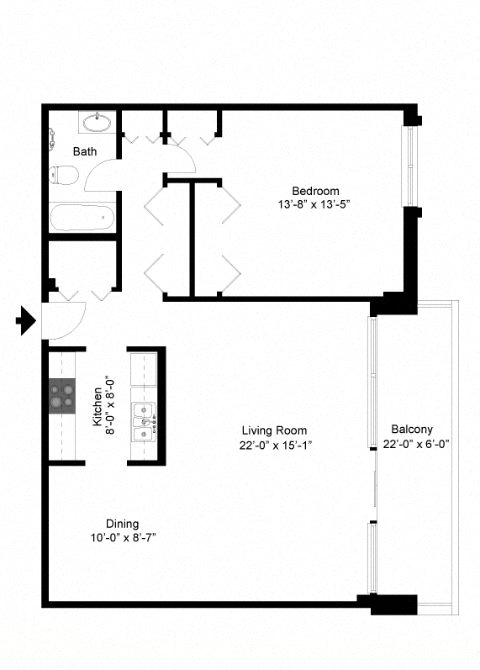 Floor plan for 1 bed, 1 bath, 940 sqft