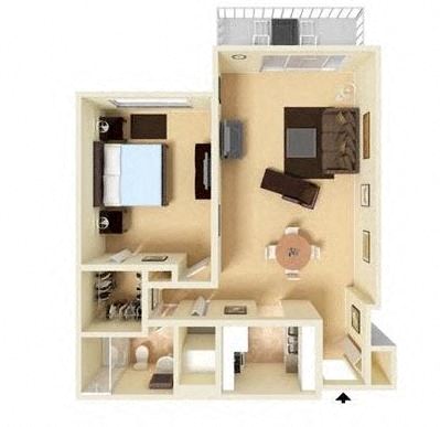 Floor plan for 1 bed, 1 bath, 650 sqft