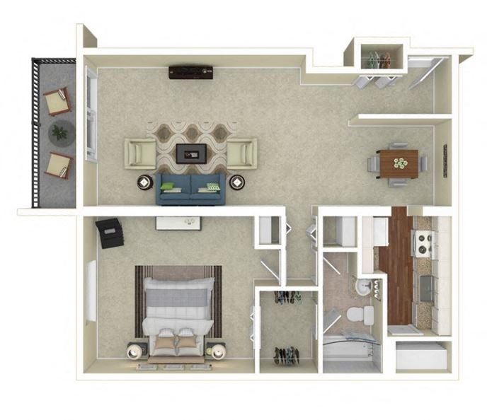 Floor plan for 1 bed, 1 bath, 837 sqft