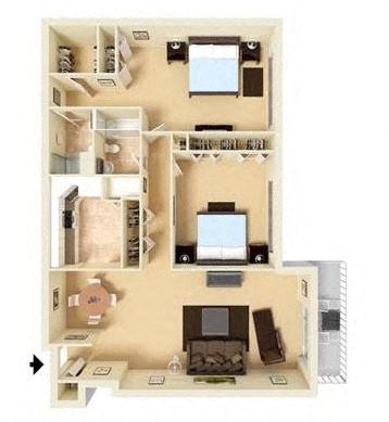 Floor plan for 2 beds, 2 baths, 1181 sqft