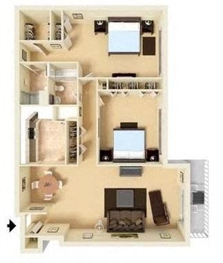 Floor plan for 2 beds, 1 bath, 1050 sqft