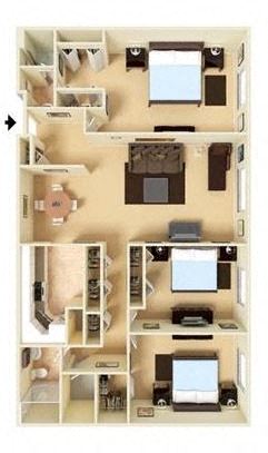 Floor plan for 3 beds, 2 baths, 1250 sqft