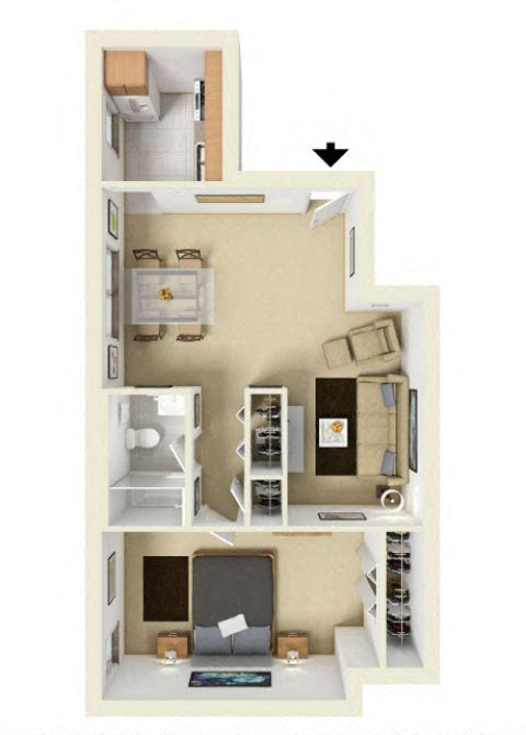 Floor plan for 1 bed, 1 bath, 610 sqft