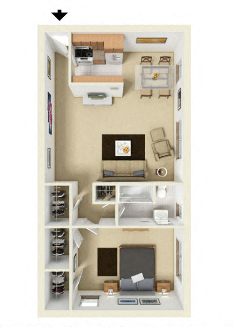 Floor plan for 1 bed, 1 bath, 700 sqft