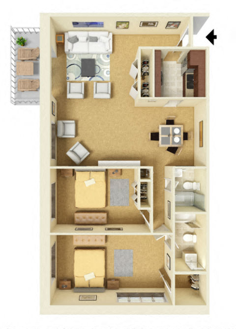 Floor plan for 2 beds, 2 baths, 1100 sqft