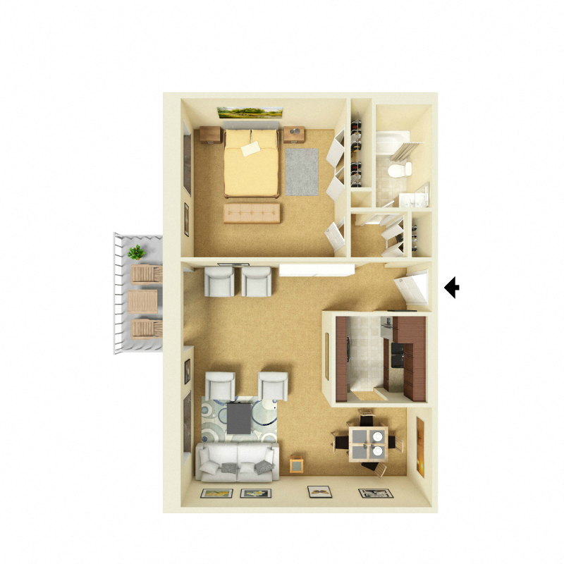 Floor plan for 1 bed, 1 bath, 770 sqft
