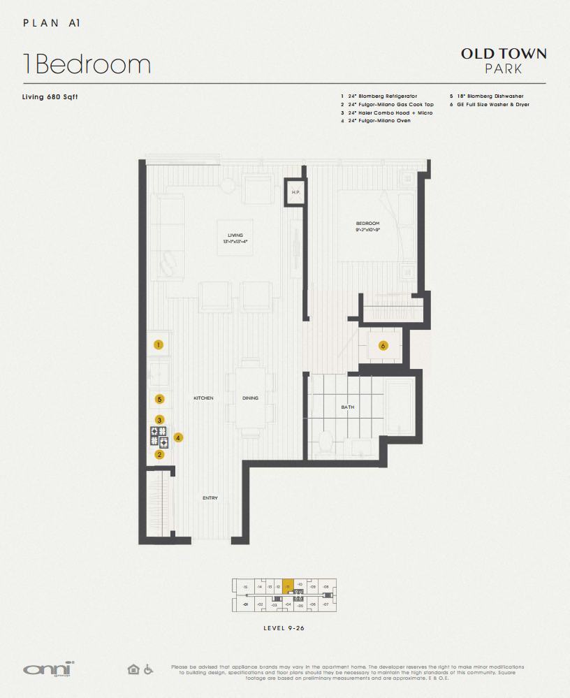 Floor plan for 1 bed, 1 bath, 680 sqft