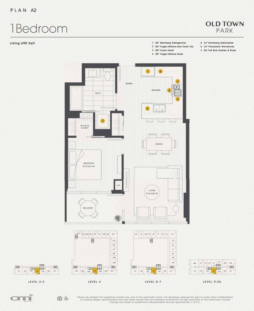 Floor plan for 1 bed, 1 bath, 690 sqft