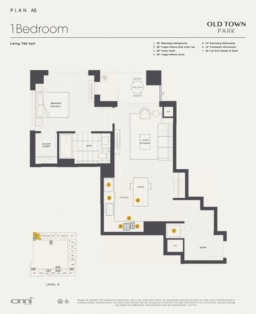 Floor plan for 1 bed, 1 bath, 780 sqft