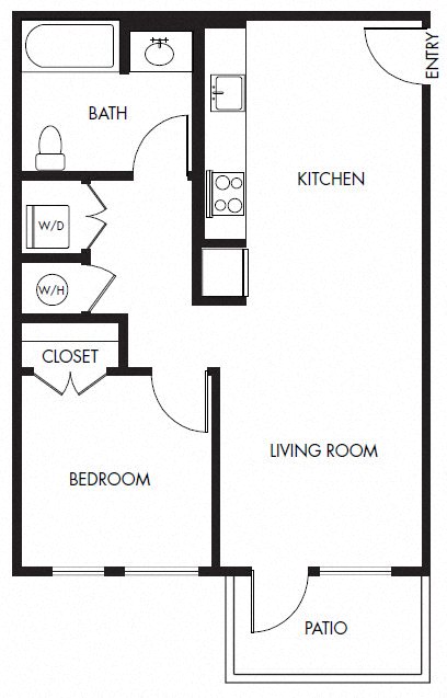 Floor plan for 1 bed, 1 bath, 688 sqft