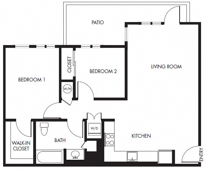 Floor plan for 2 beds, 1 bath, 950 sqft