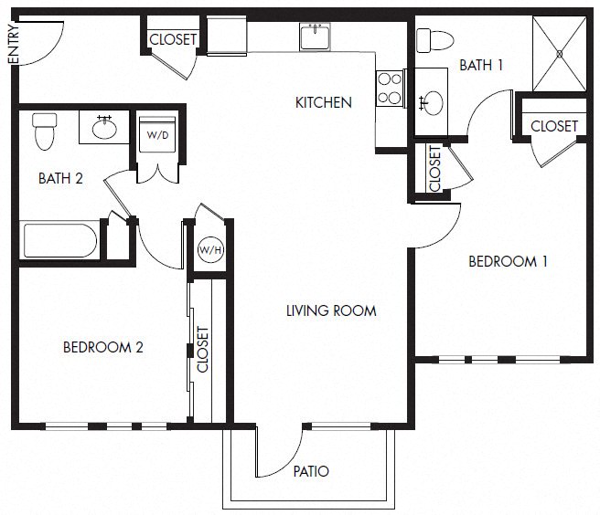 Floor plan for 2 beds, 2 baths, 1001 sqft