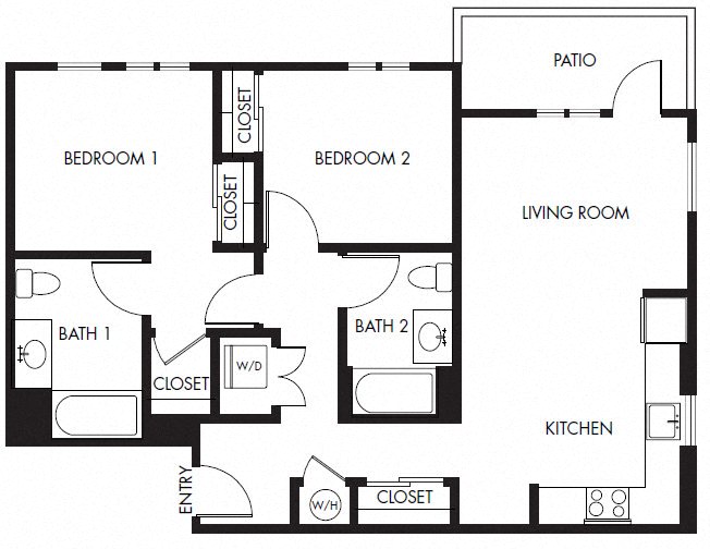 Floor plan for 2 beds, 2 baths, 1009 sqft
