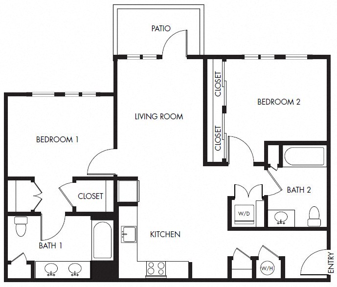 Floor plan for 2 beds, 2 baths, 1041 sqft