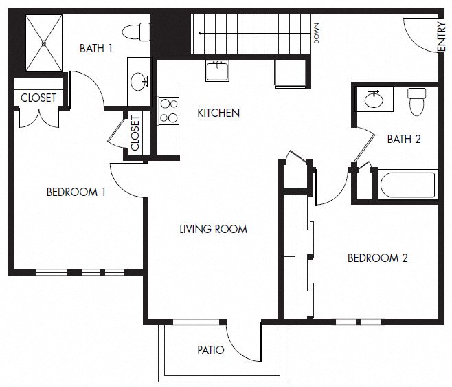 Floor plan for 2 beds, 2 baths, 1051 sqft