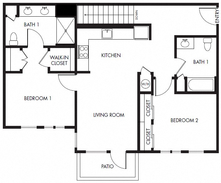 Floor plan for 2 beds, 2 baths, 1094 sqft