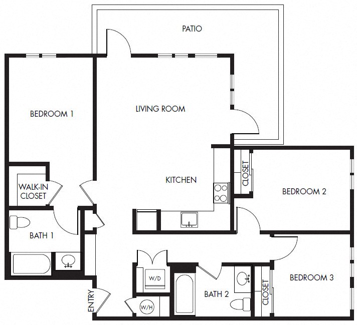 Floor plan for 3 beds, 2 baths, 1205 sqft