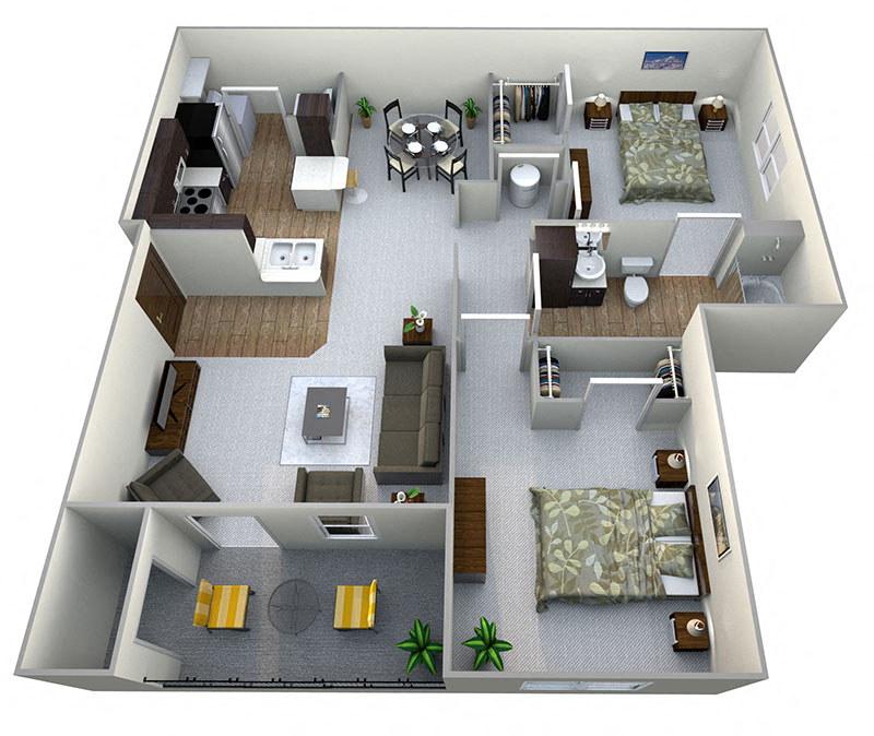 Floor plan for 2 beds, 1 bath, 1044 sqft