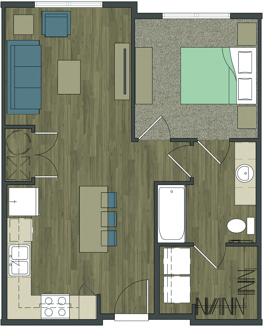Floor plan for 1 bed, 1 bath, 641 sqft