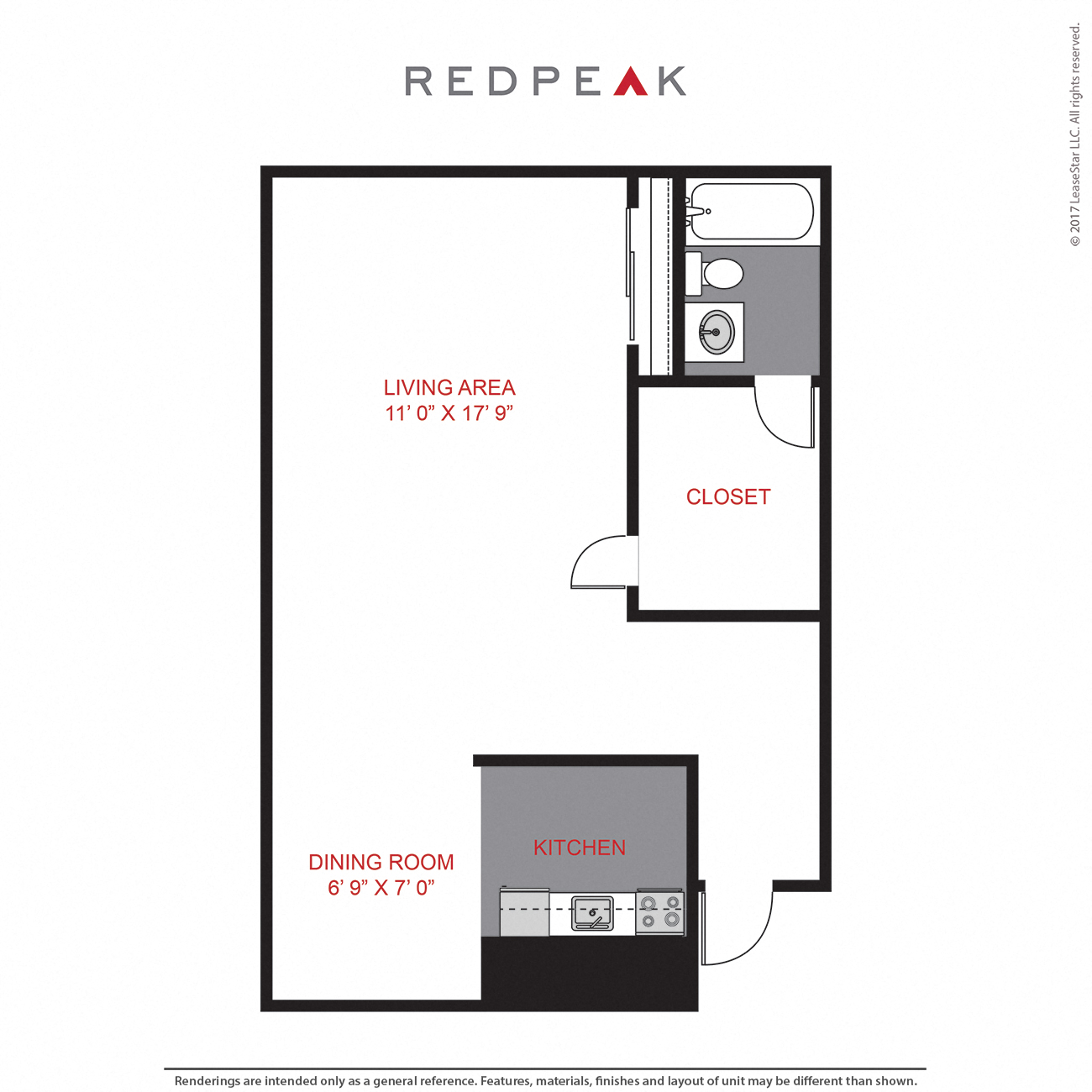 Floor plan for studio, 1 bath, 389 sqft