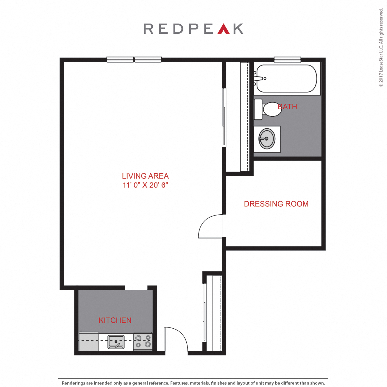 Floor plan for studio, 1 bath, 314 sqft