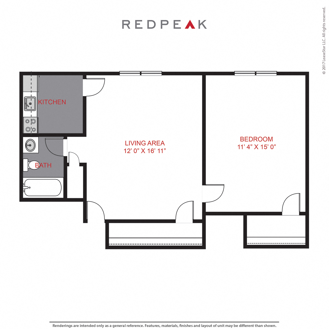 Floor plan for 1 bed, 1 bath, 523 sqft