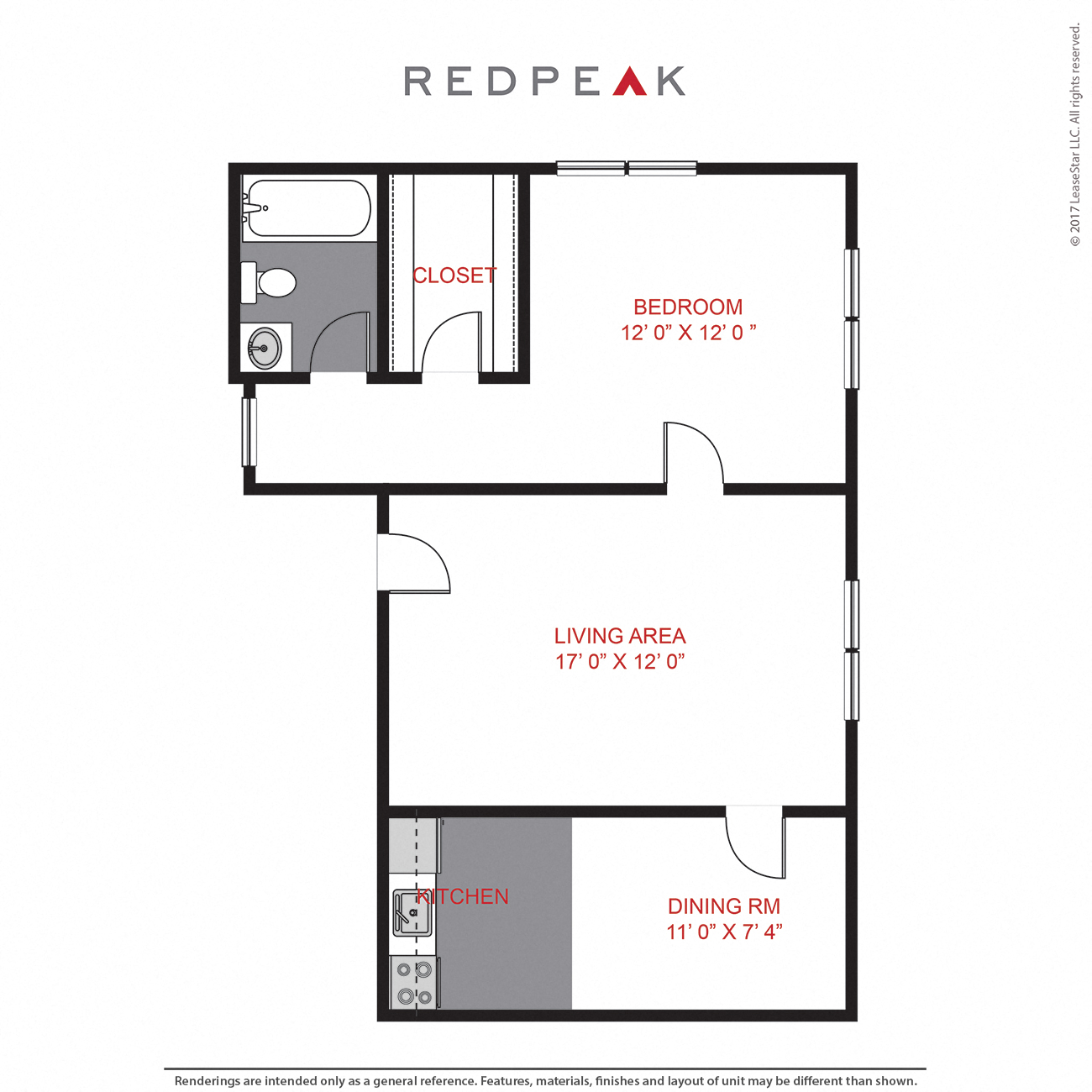 Floor plan for 1 bed, 1 bath, 614 sqft