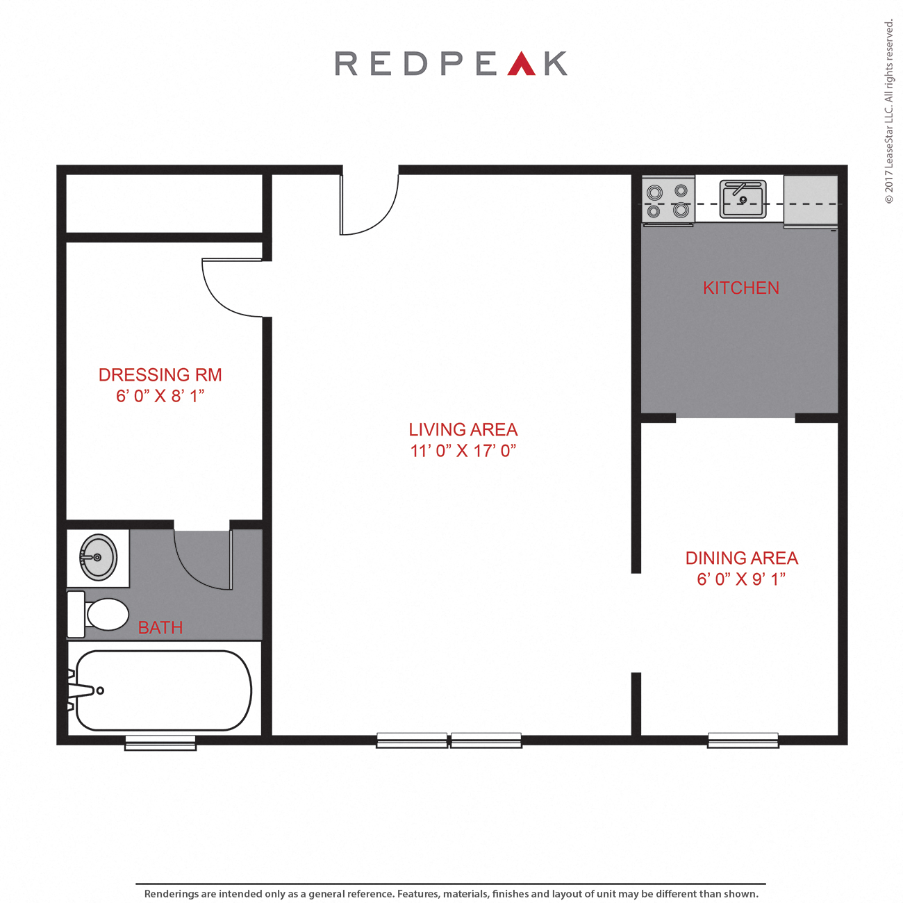 Floor plan for studio, 1 bath, 391 sqft