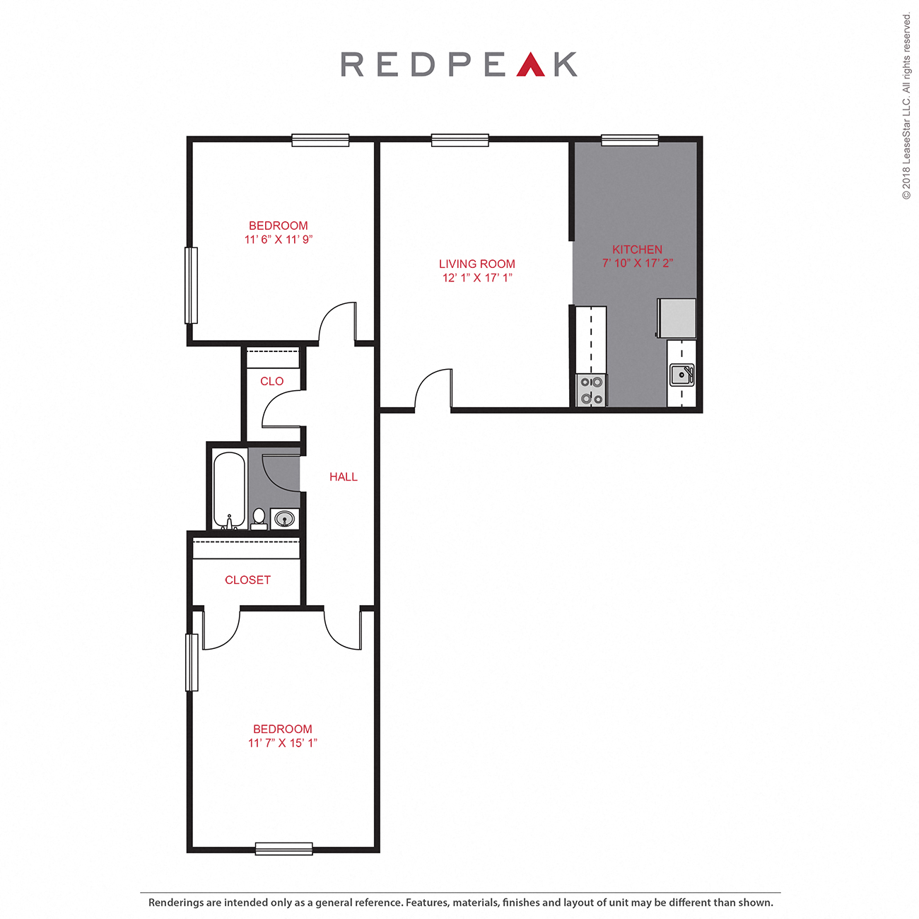 Floor plan for 2 beds, 1 bath, 810 sqft