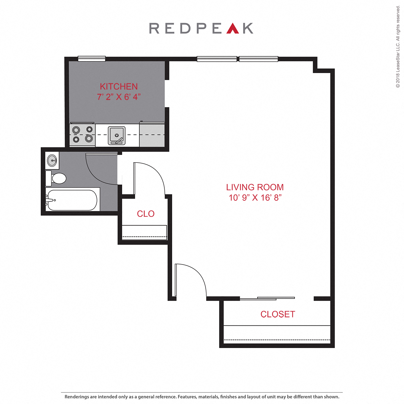 Floor plan for studio, 1 bath, 326 sqft