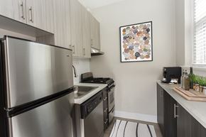 Denver apartment for rent - a kitchen with stainless steel appliances and a sink and a refrigerator