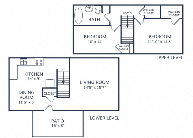Floor plan for 2 beds, 1 bath, 986 sqft