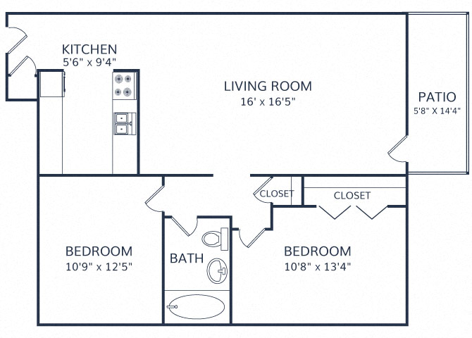 Floor plan for 2 beds, 1 bath, 832 sqft