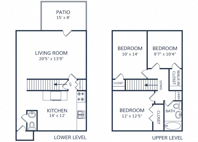Floor plan for 3 beds, 1.5 baths, 1121 sqft