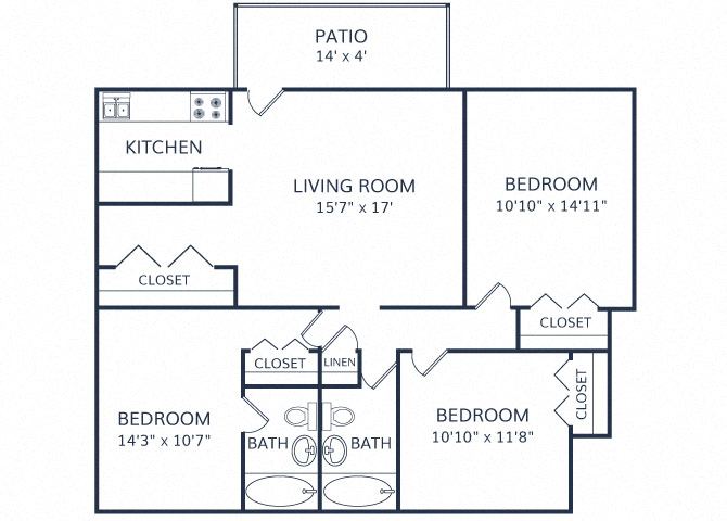 Floor plan for 3 beds, 2 baths, 1110 sqft