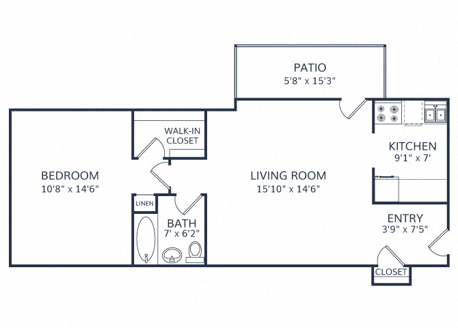 Floor plan for 1 bed, 1 bath, 632 sqft
