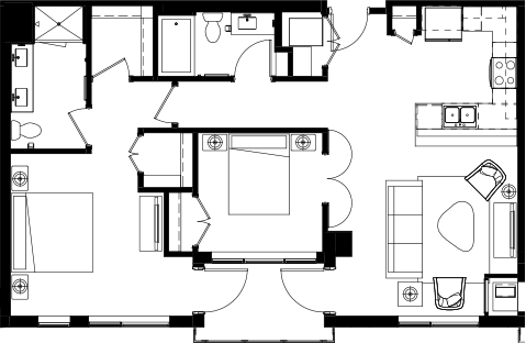 Floor plan for 2 beds, 2 baths, 1829 sqft