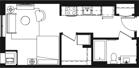 Floor plan for 1 bed, 1 bath, 689 sqft