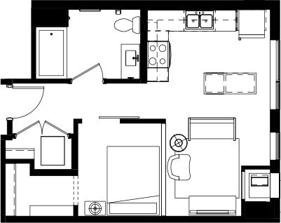 Floor plan for studio, 1 bath, 527 sqft
